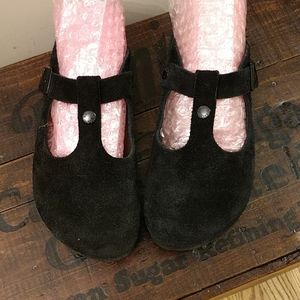 Black suede Birkenstocks.  Narrow width.